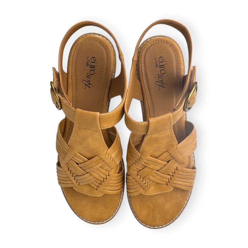 Comfort Sandals Eurosoft 8.5 Tan Strappy Block Heel Naidley New - Picture 2 of 14